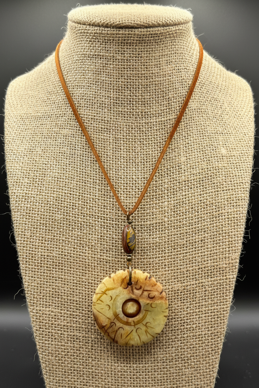 Carved Serpentine Jade Bi Disc Pendant Necklace | Tiger Iron Gemstone Boho Amulet