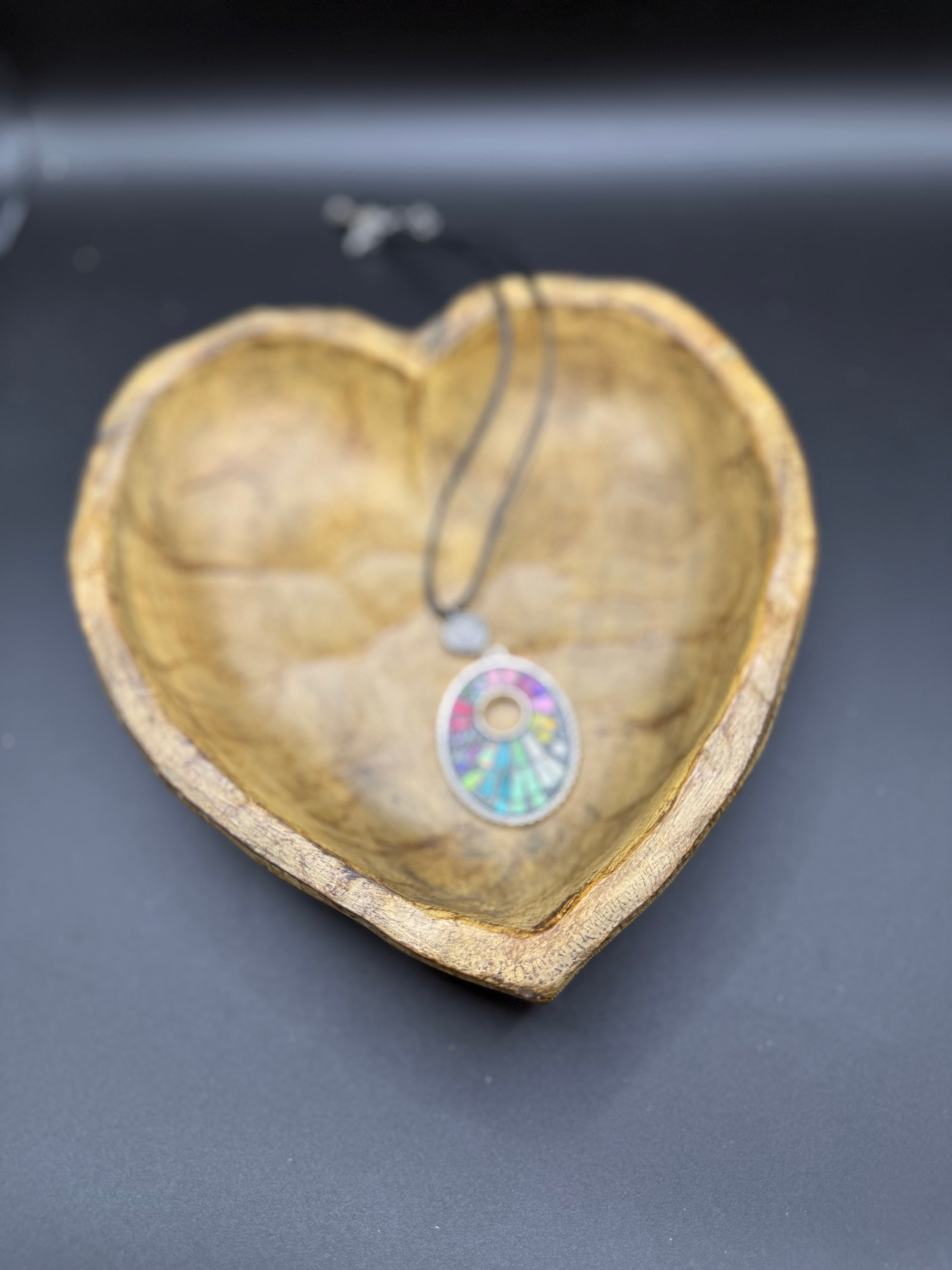 Colorful Mosaic Pendant Necklace, Rainbow Stained Glass Style Choker, Multi Strand Black Cord