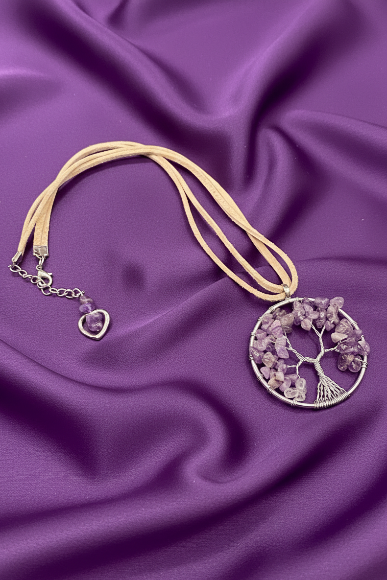 Boho Amethyst Tree of Life Wire Wrapped Pendant Necklace