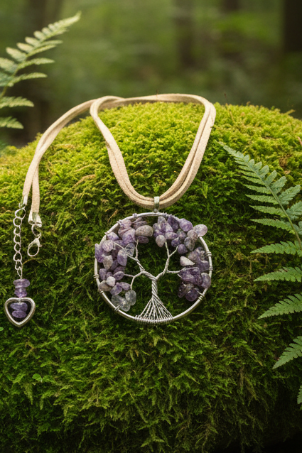 Boho Amethyst Tree of Life Wire Wrapped Pendant Necklace