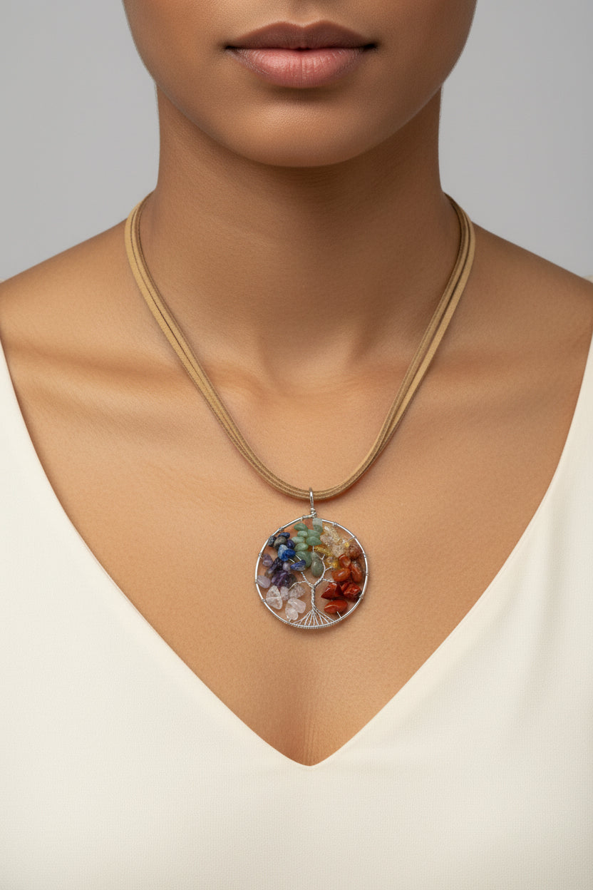 Chakra Tree of Life Pendant Necklace, Wire Wrapped Rainbow Crystal Chip Pendant on Tan Suede Cord, Boho Chic Spiritual Gemstone Jewelry