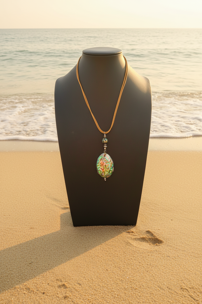 Natural Abalone Shell Pendant Necklace with Tan Leather Cord