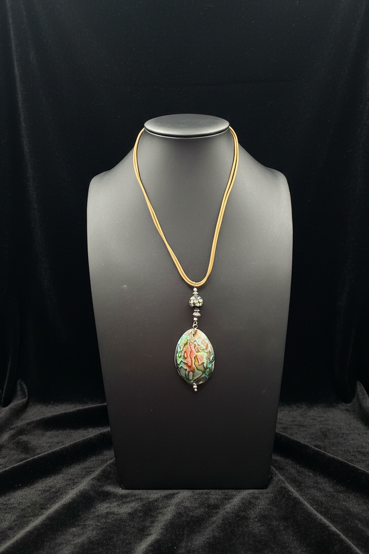 Natural Abalone Shell Pendant Necklace with Tan Leather Cord