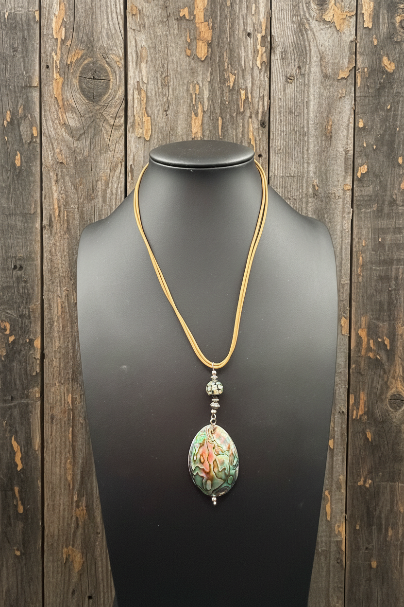 Natural Abalone Shell Pendant Necklace with Tan Leather Cord