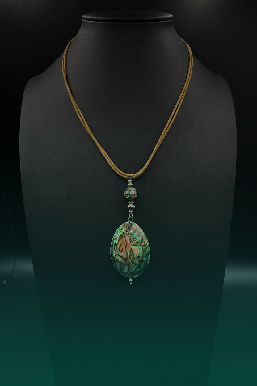 Natural Abalone Shell Pendant Necklace with Tan Leather Cord