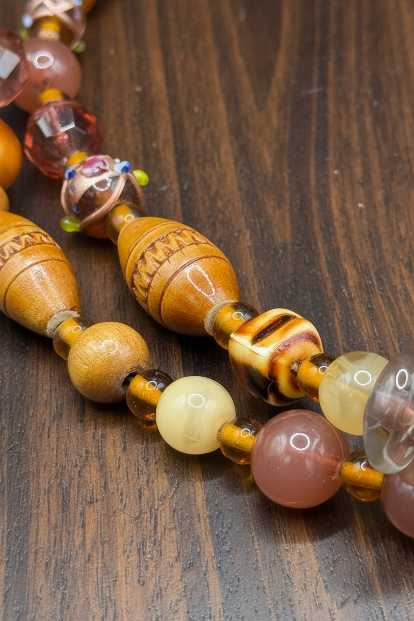 Vintage Layered Amber & Wood Mixed Material Statement Necklace