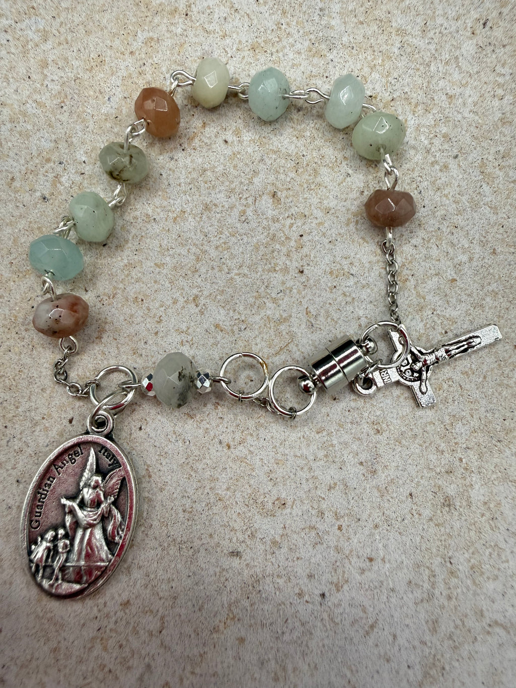 Handmade Catholic Rosary Bracelet, Gemstone Beaded One Decade Rosary, Religious Protection Jewelry with Crucifix Charm, Magnetic Clasp, First Communion Gift