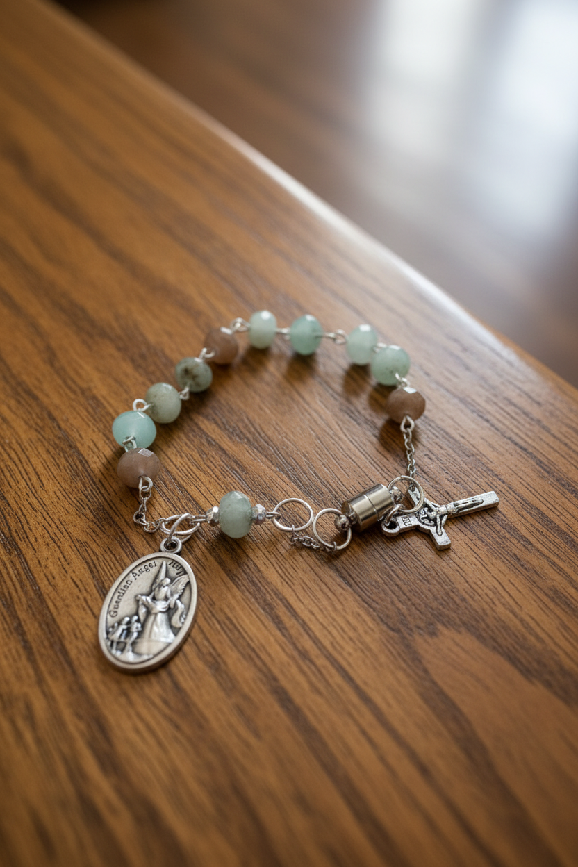 Handmade Catholic Rosary Bracelet, Gemstone Beaded One Decade Rosary, Religious Protection Jewelry with Crucifix Charm, Magnetic Clasp, First Communion Gift