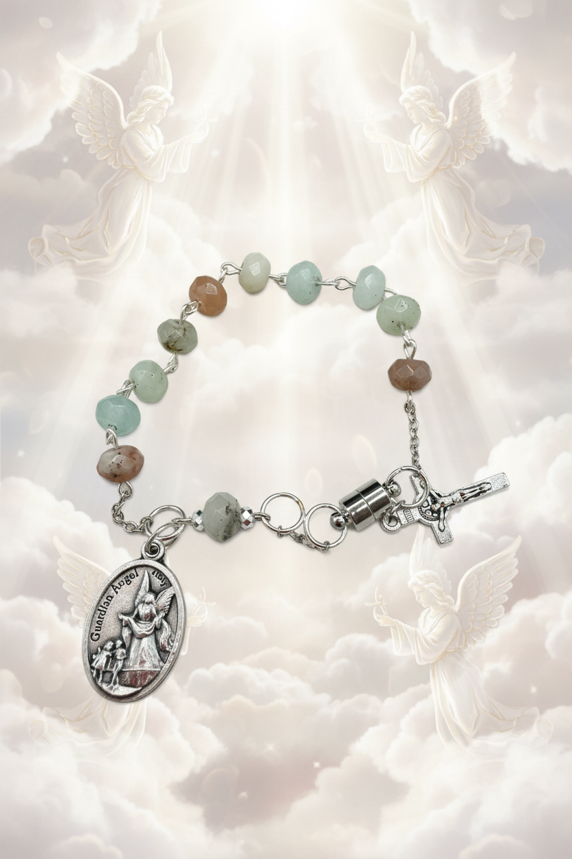 Handmade Catholic Rosary Bracelet, Gemstone Beaded One Decade Rosary, Religious Protection Jewelry with Crucifix Charm, Magnetic Clasp, First Communion Gift