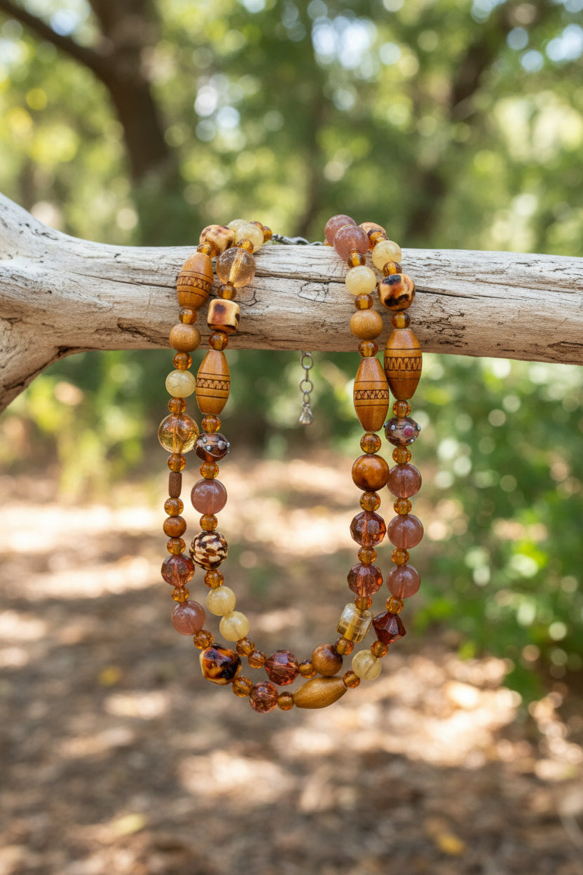 Vintage Layered Amber & Wood Mixed Material Statement Necklace