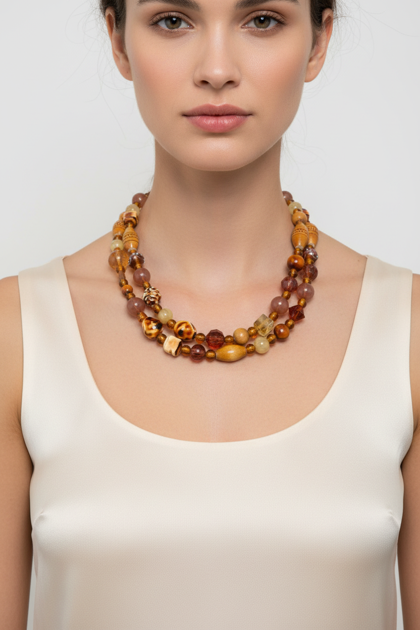 Vintage Layered Amber & Wood Mixed Material Statement Necklace