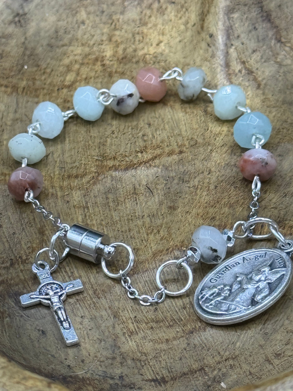 Handmade Catholic Rosary Bracelet, Gemstone Beaded One Decade Rosary, Religious Protection Jewelry with Crucifix Charm, Magnetic Clasp, First Communion Gift