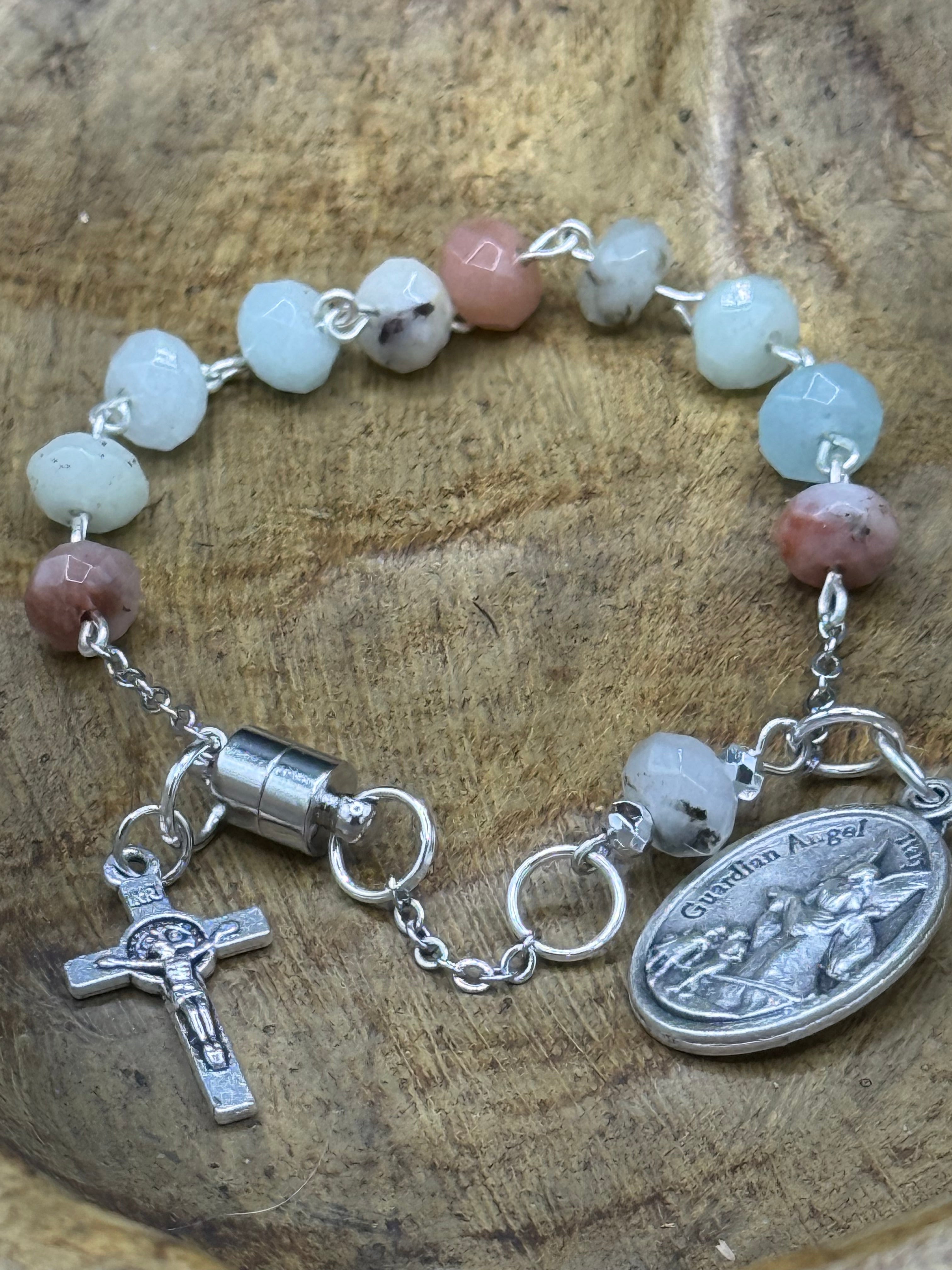 Handmade Catholic Rosary Bracelet, Gemstone Beaded One Decade Rosary, Religious Protection Jewelry with Crucifix Charm, Magnetic Clasp, First Communion Gift