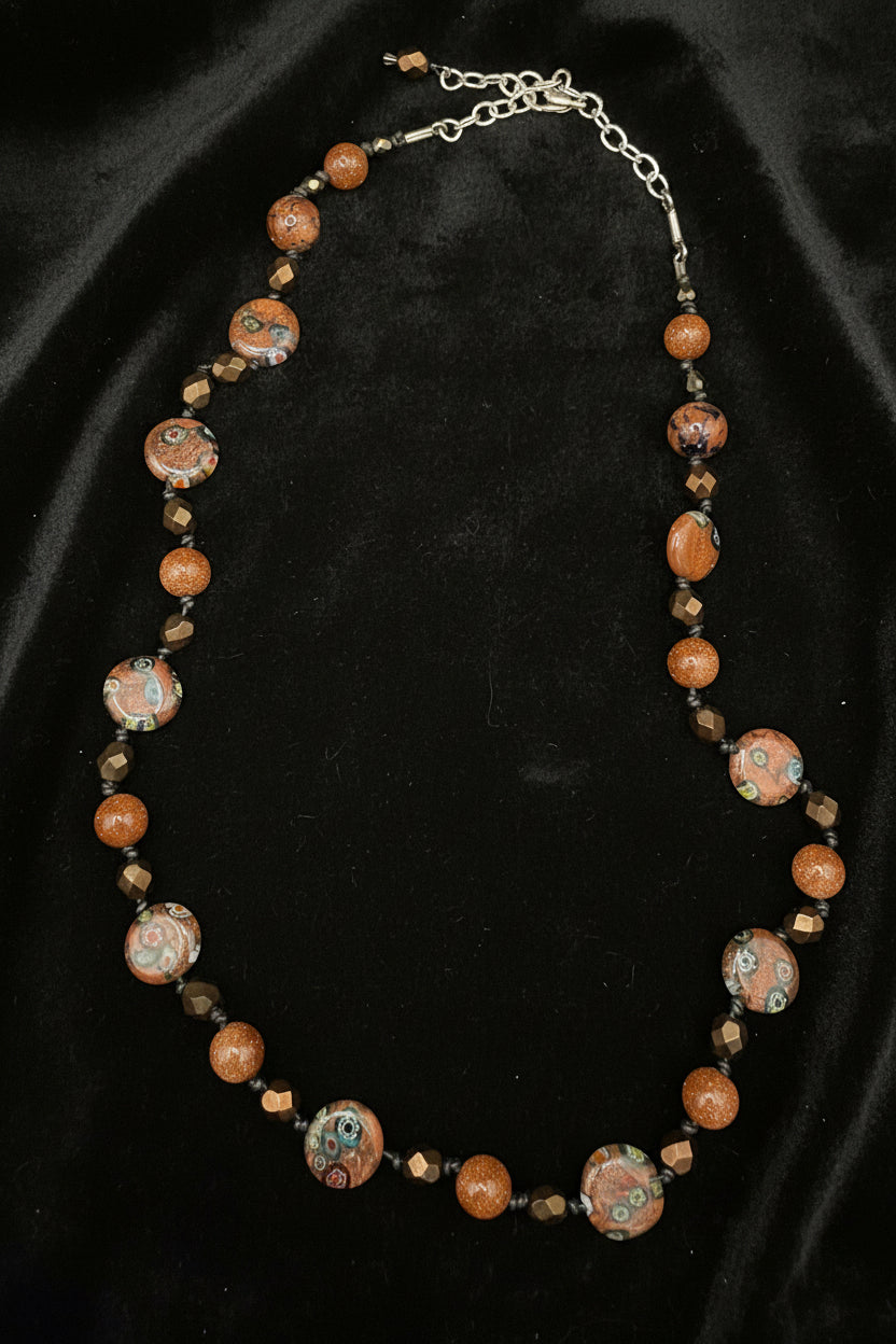 Sparkling Goldstone & Venetian Millefiori Glass Bead Necklace | Warm Earth Tones