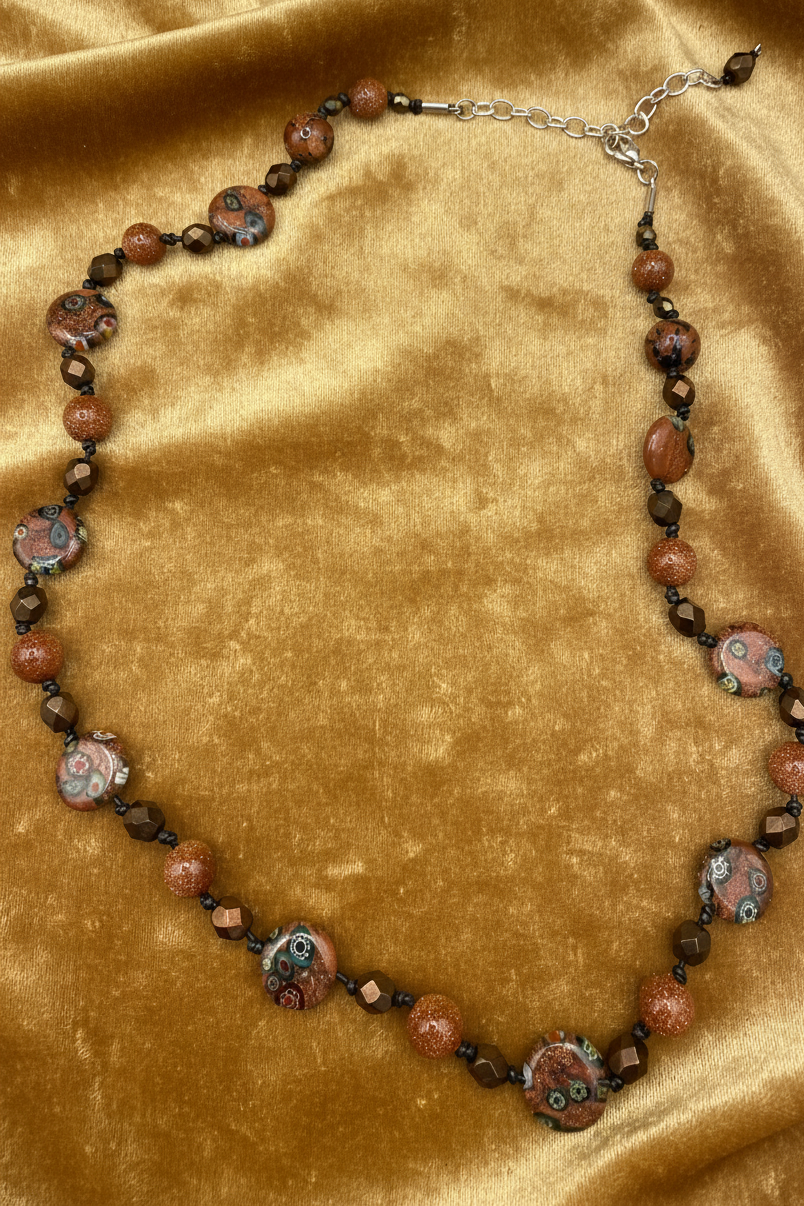 Sparkling Goldstone & Venetian Millefiori Glass Bead Necklace | Warm Earth Tones