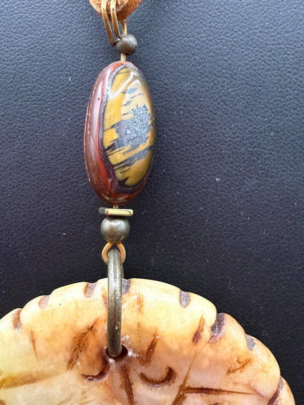Carved Serpentine Jade Bi Disc Pendant Necklace | Tiger Iron Gemstone Boho Amulet