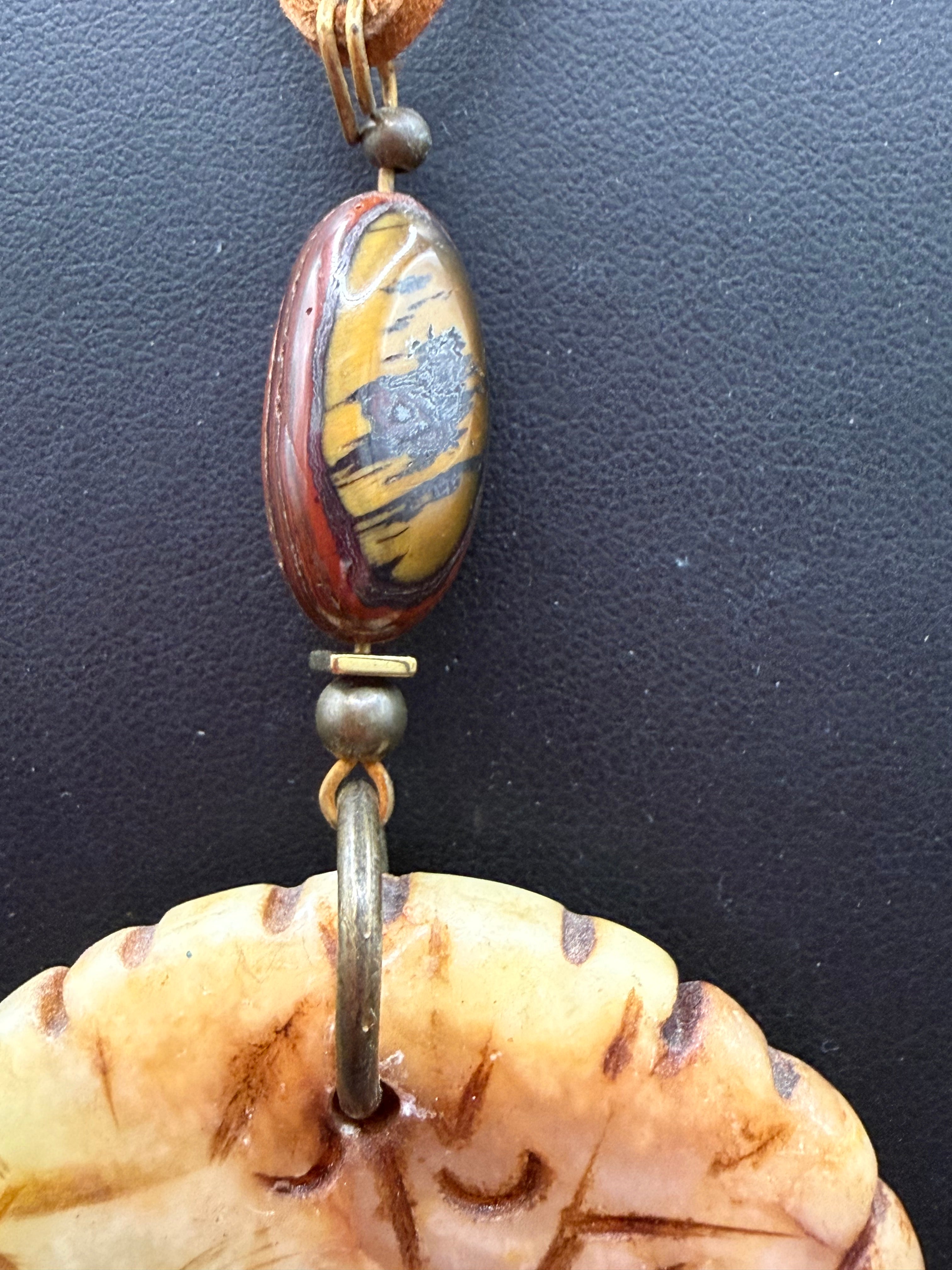 Carved Serpentine Jade Bi Disc Pendant Necklace | Tiger Iron Gemstone Boho Amulet