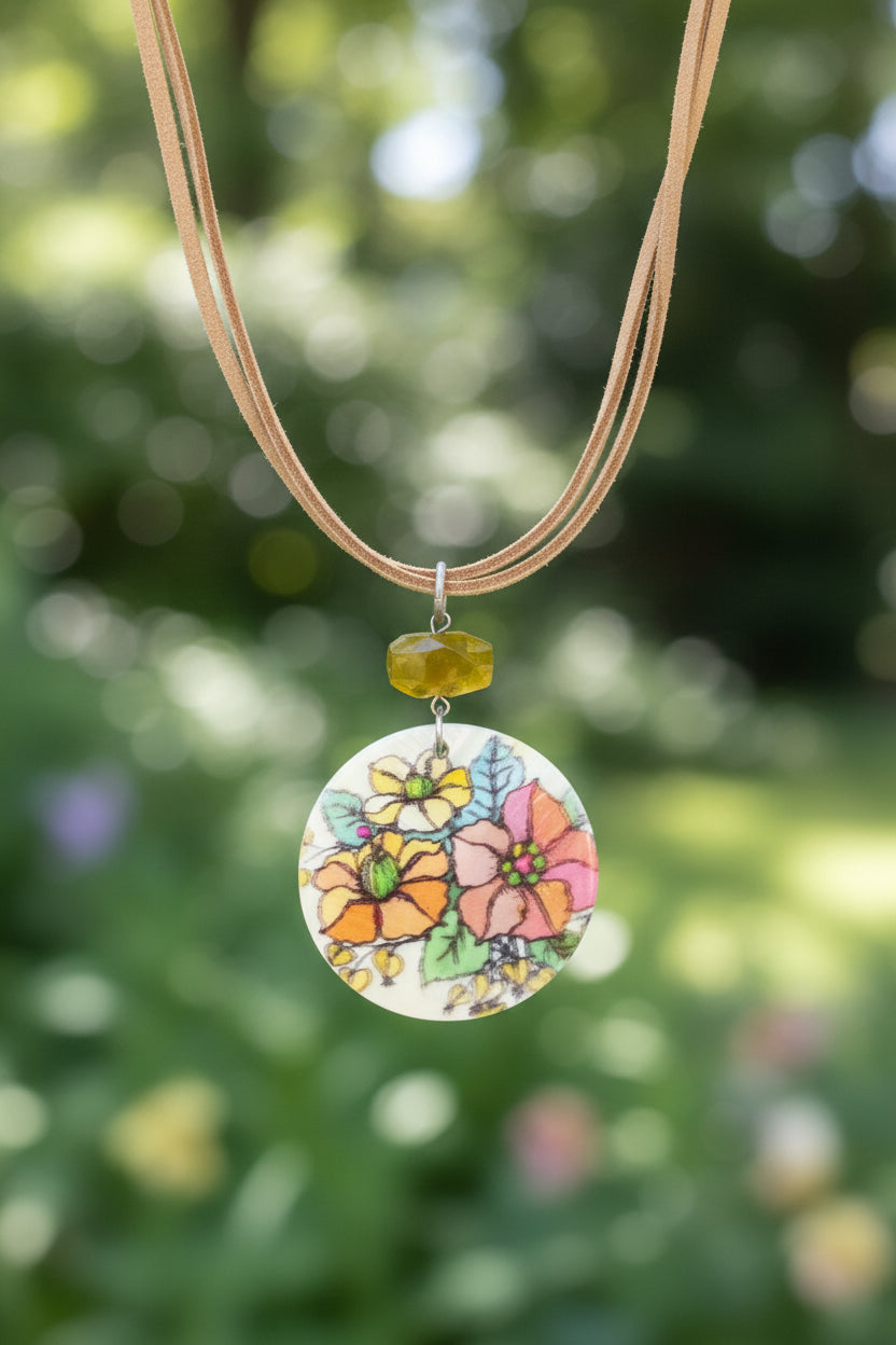 Handmade Floral Pendant Necklace, Artisan Illustrative Flower Pendant with Olive Green Gemstone Accent, Nature Inspired Cord Necklace, Whimsical Botanical Jewelry Gift for Her