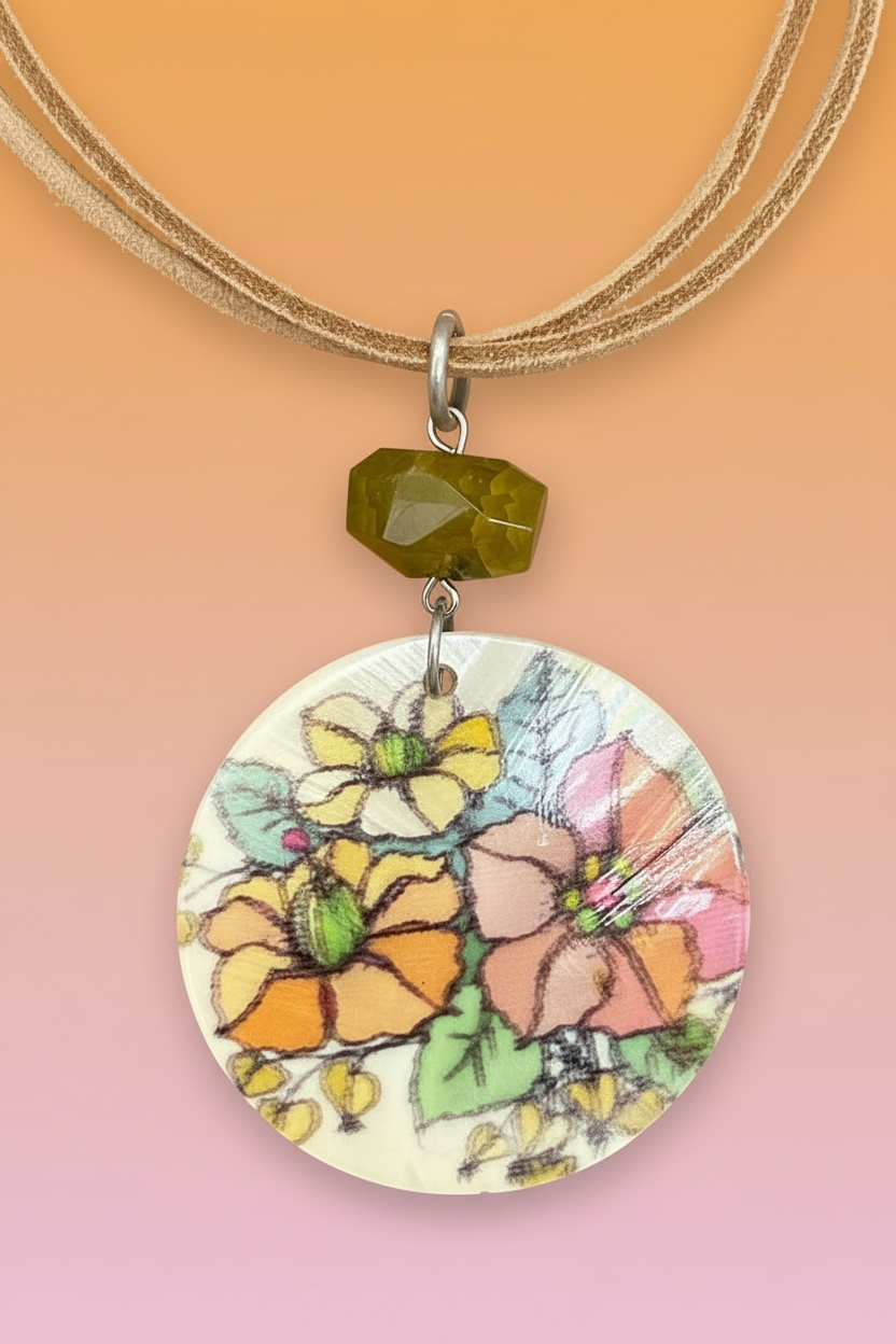 Handmade Floral Pendant Necklace, Artisan Illustrative Flower Pendant with Olive Green Gemstone Accent, Nature Inspired Cord Necklace, Whimsical Botanical Jewelry Gift for Her