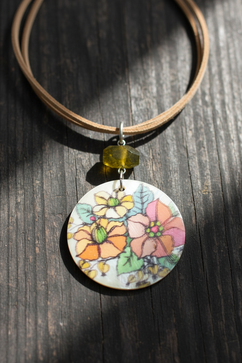 Handmade Floral Pendant Necklace, Artisan Illustrative Flower Pendant with Olive Green Gemstone Accent, Nature Inspired Cord Necklace, Whimsical Botanical Jewelry Gift for Her
