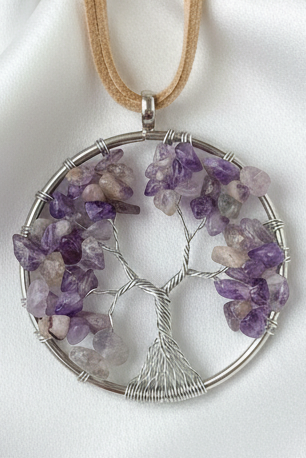 Boho Amethyst Tree of Life Wire Wrapped Pendant Necklace