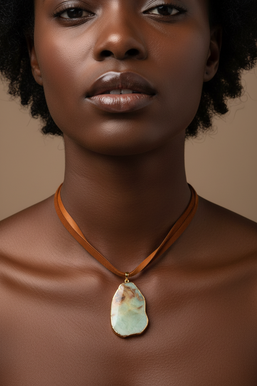 Natural Amazonite Stone Slice Pendant Necklace | Genuine Green Gemstone on Brown Leather Cord | Boho Chic Jewelry | Earthy Handmade Gift for