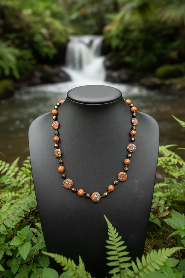 Sparkling Goldstone & Venetian Millefiori Glass Bead Necklace | Warm Earth Tones