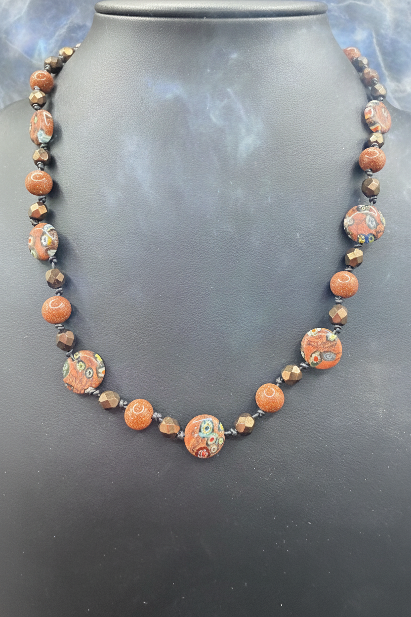 Sparkling Goldstone & Venetian Millefiori Glass Bead Necklace | Warm Earth Tones