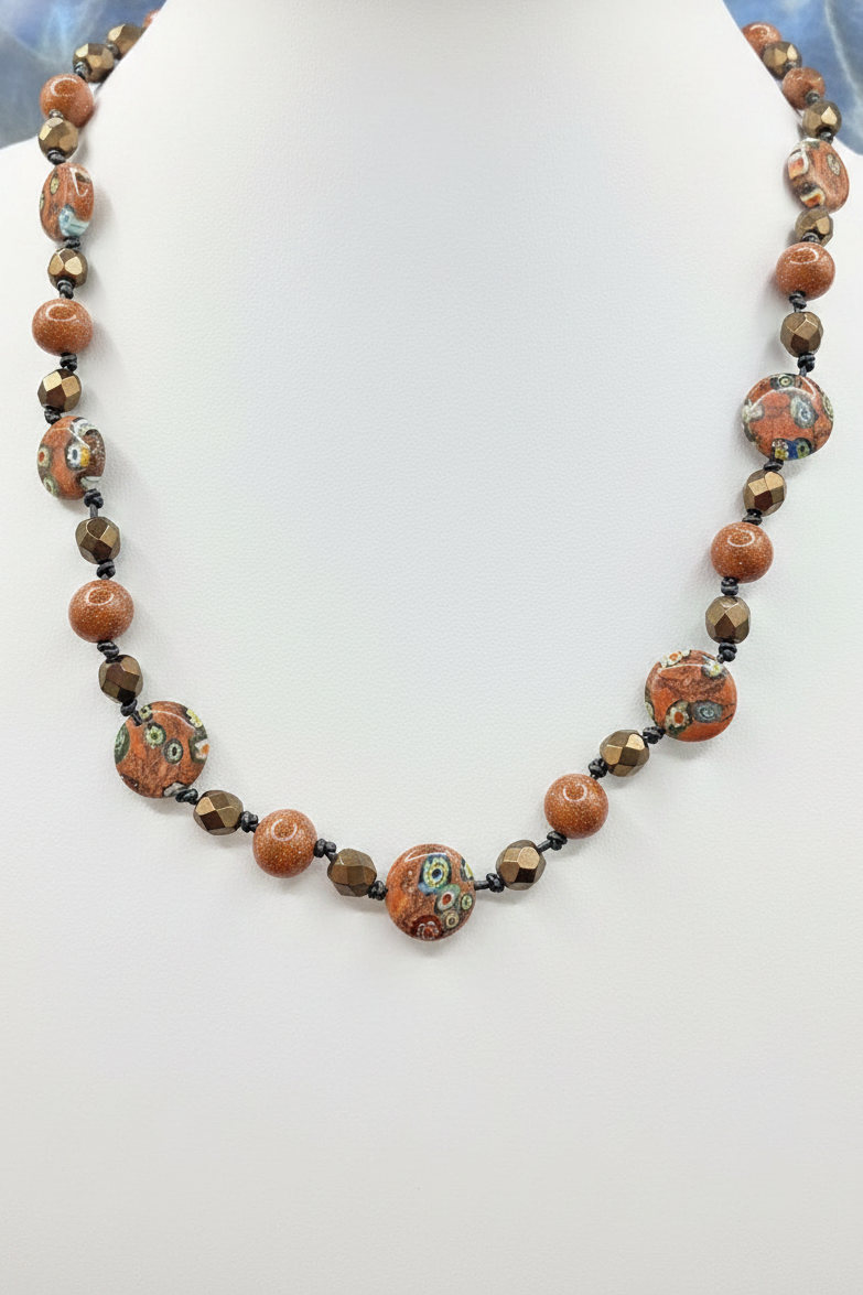 Sparkling Goldstone & Venetian Millefiori Glass Bead Necklace | Warm Earth Tones