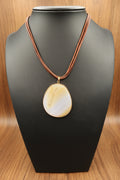 Natural Agate Slice Pendant Necklace | Gold Edged Polished Gemstone | Multi-Strand Brown Leather Cord | Boho Statement Jewelry Gift
