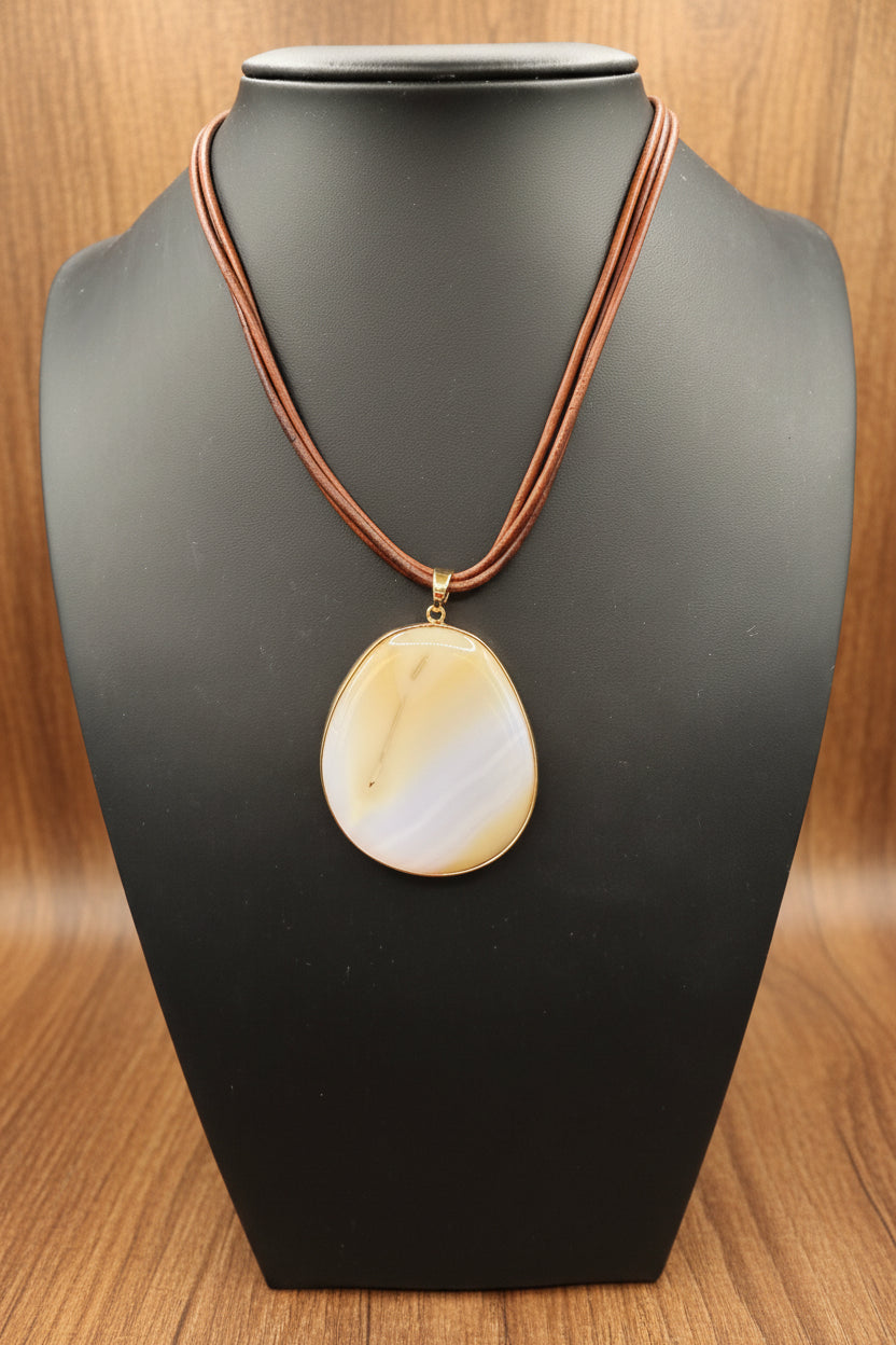 Natural Agate Slice Pendant Necklace | Gold Edged Polished Gemstone | Multi-Strand Brown Leather Cord | Boho Statement Jewelry Gift