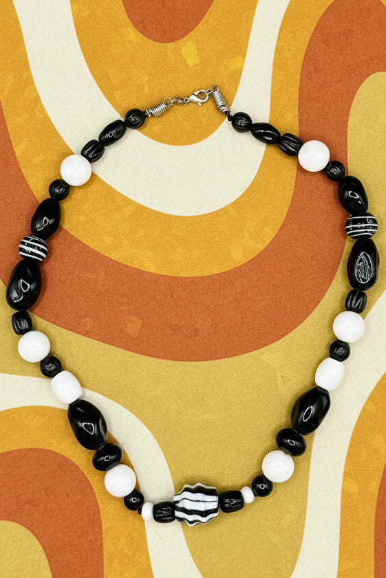 Vintage Monochrome Art Glass Statement Necklace | Black & White Striped Beaded Choker