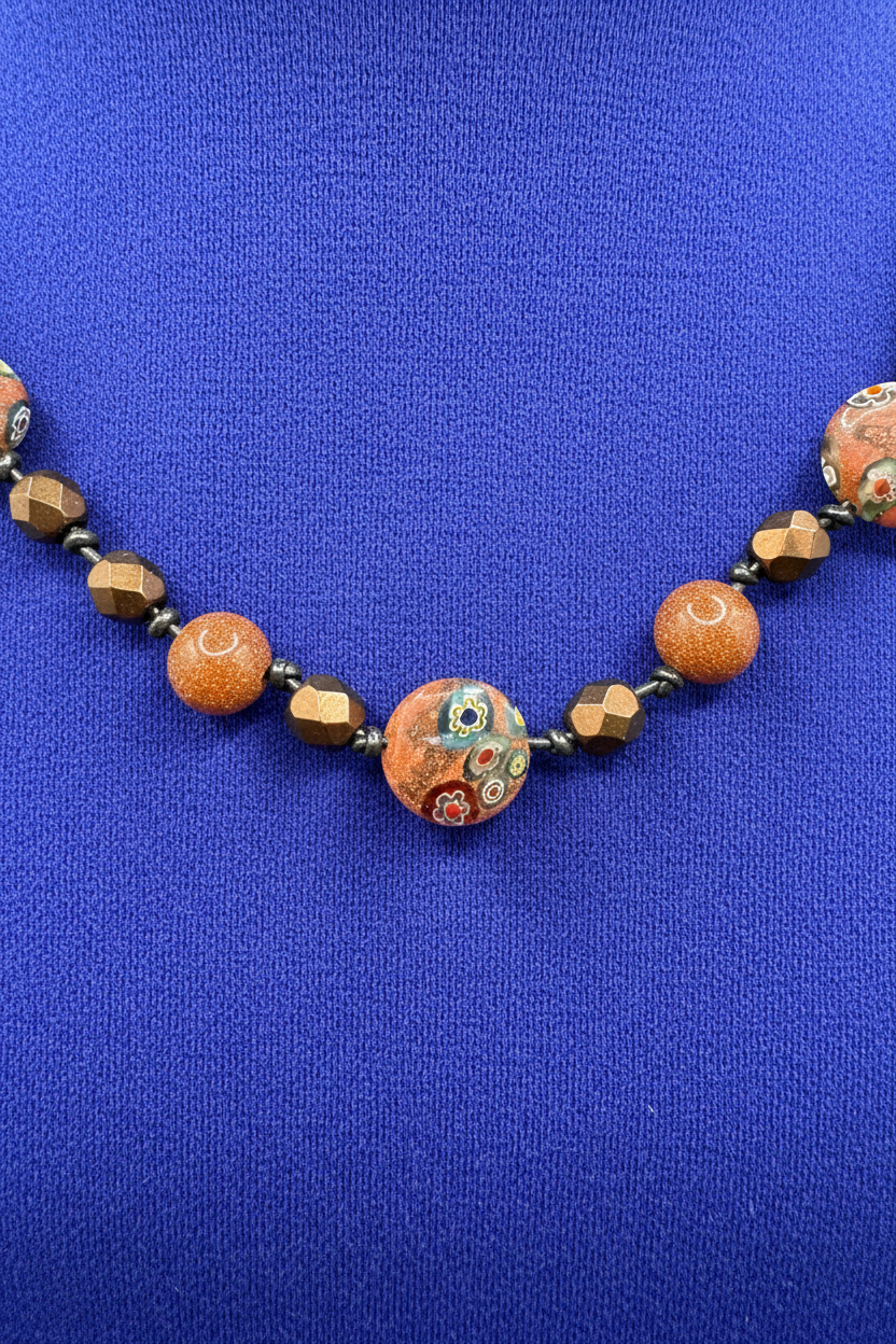 Sparkling Goldstone & Venetian Millefiori Glass Bead Necklace | Warm Earth Tones