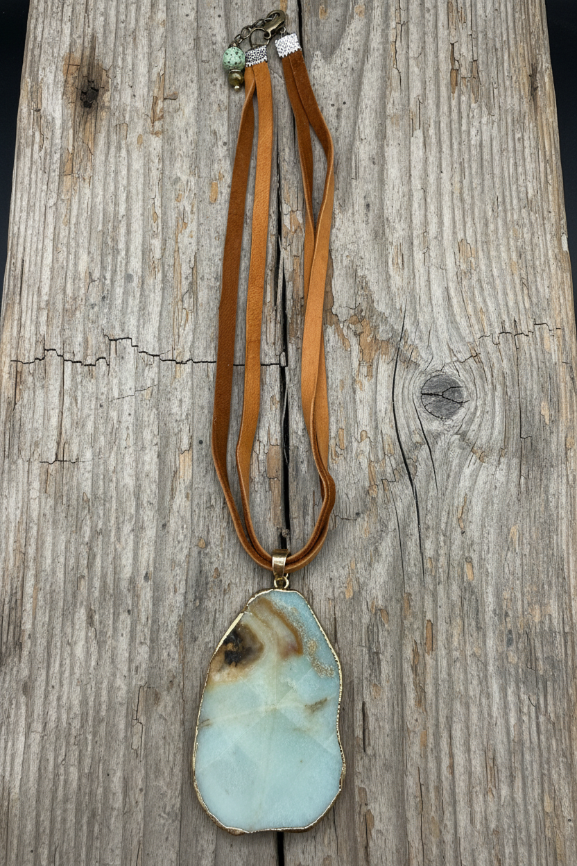 Raw Amazonite Slice Pendant Necklace on Brown Suede Cord – Handcrafted Electroplated Gemstone Jewelry