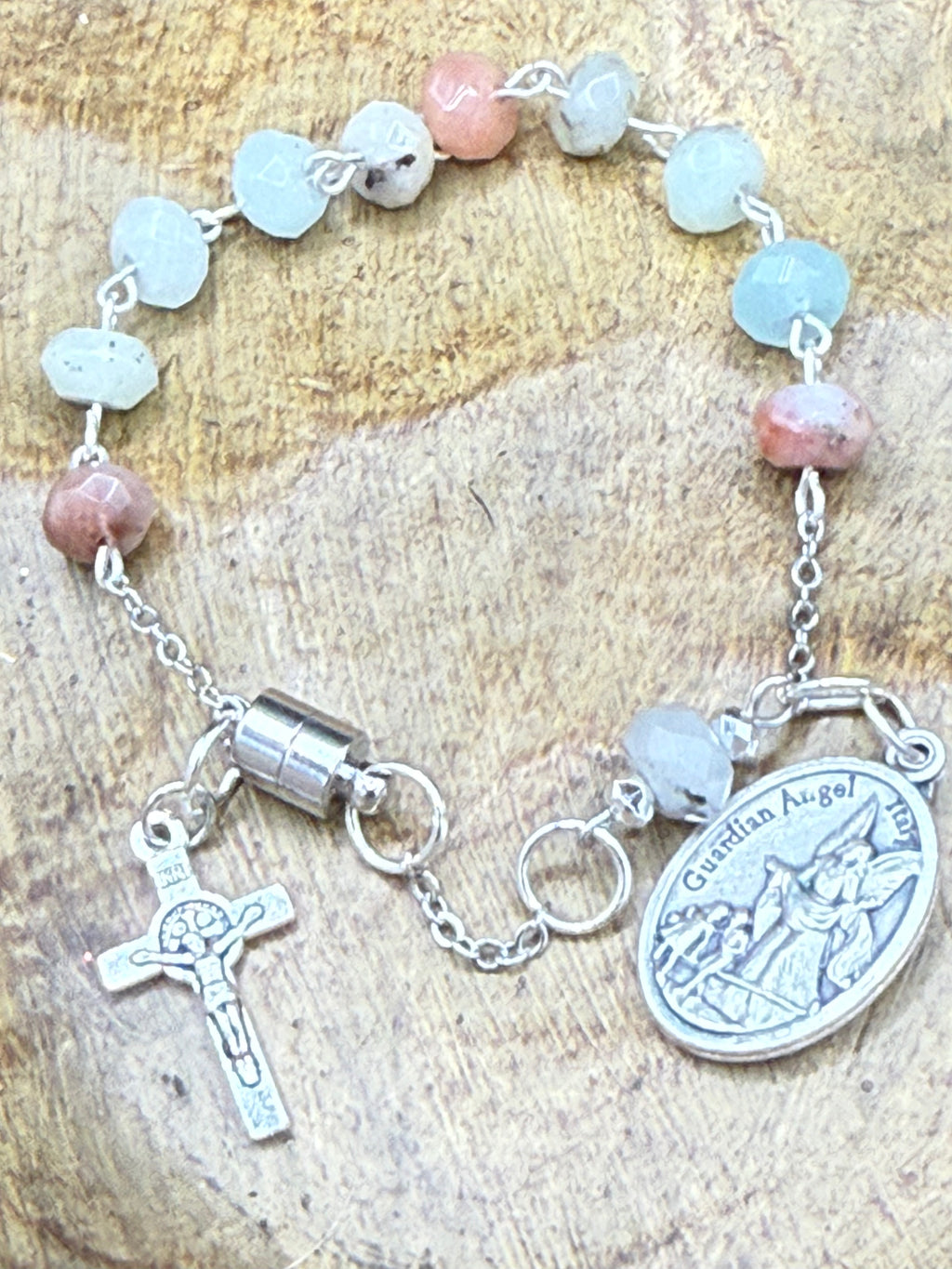 Handmade Catholic Rosary Bracelet, Gemstone Beaded One Decade Rosary, Religious Protection Jewelry with Crucifix Charm, Magnetic Clasp, First Communion Gift
