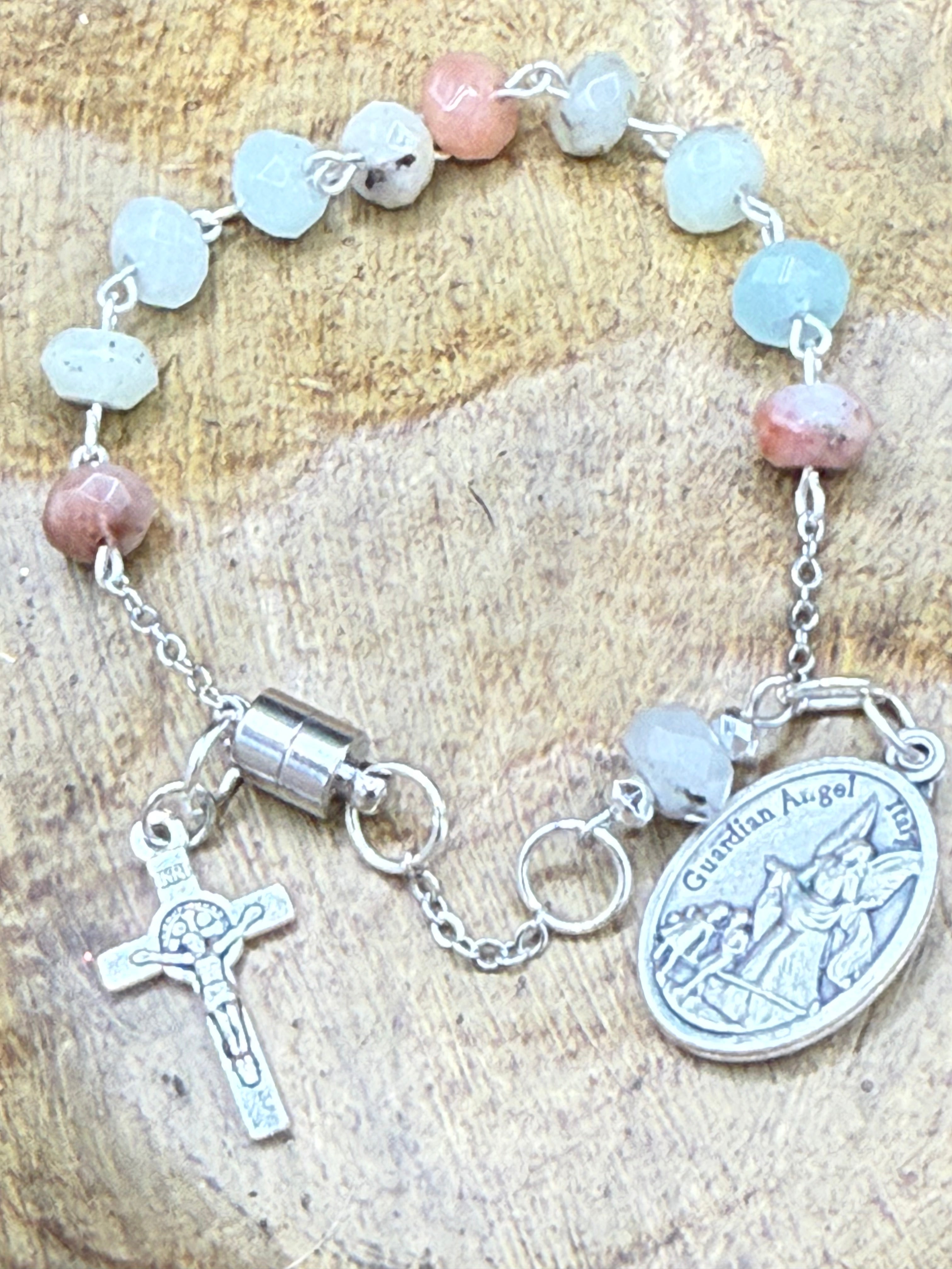Handmade Catholic Rosary Bracelet, Gemstone Beaded One Decade Rosary, Religious Protection Jewelry with Crucifix Charm, Magnetic Clasp, First Communion Gift