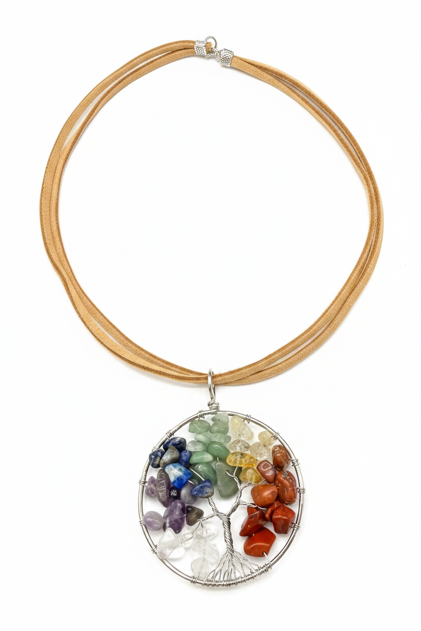 Chakra Tree of Life Pendant Necklace, Wire Wrapped Rainbow Crystal Chip Pendant on Tan Suede Cord, Boho Chic Spiritual Gemstone Jewelry