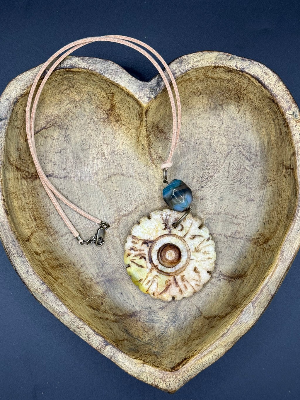 Handcrafted Bohemian Stone Pendant Necklace | Earthy Carved Disc & Agate Bead on Suede Cord