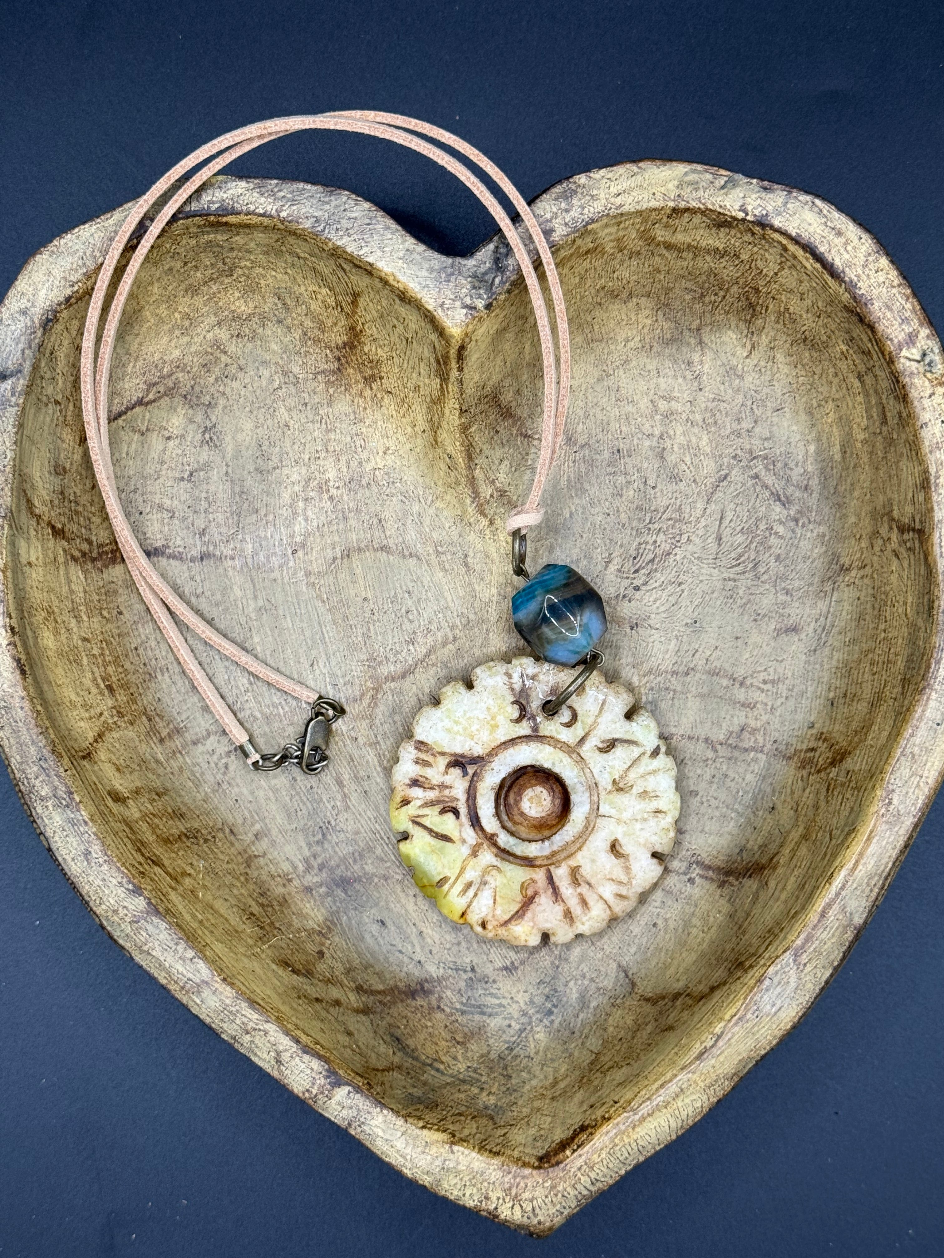 Handcrafted Bohemian Stone Pendant Necklace | Earthy Carved Disc & Agate Bead on Suede Cord