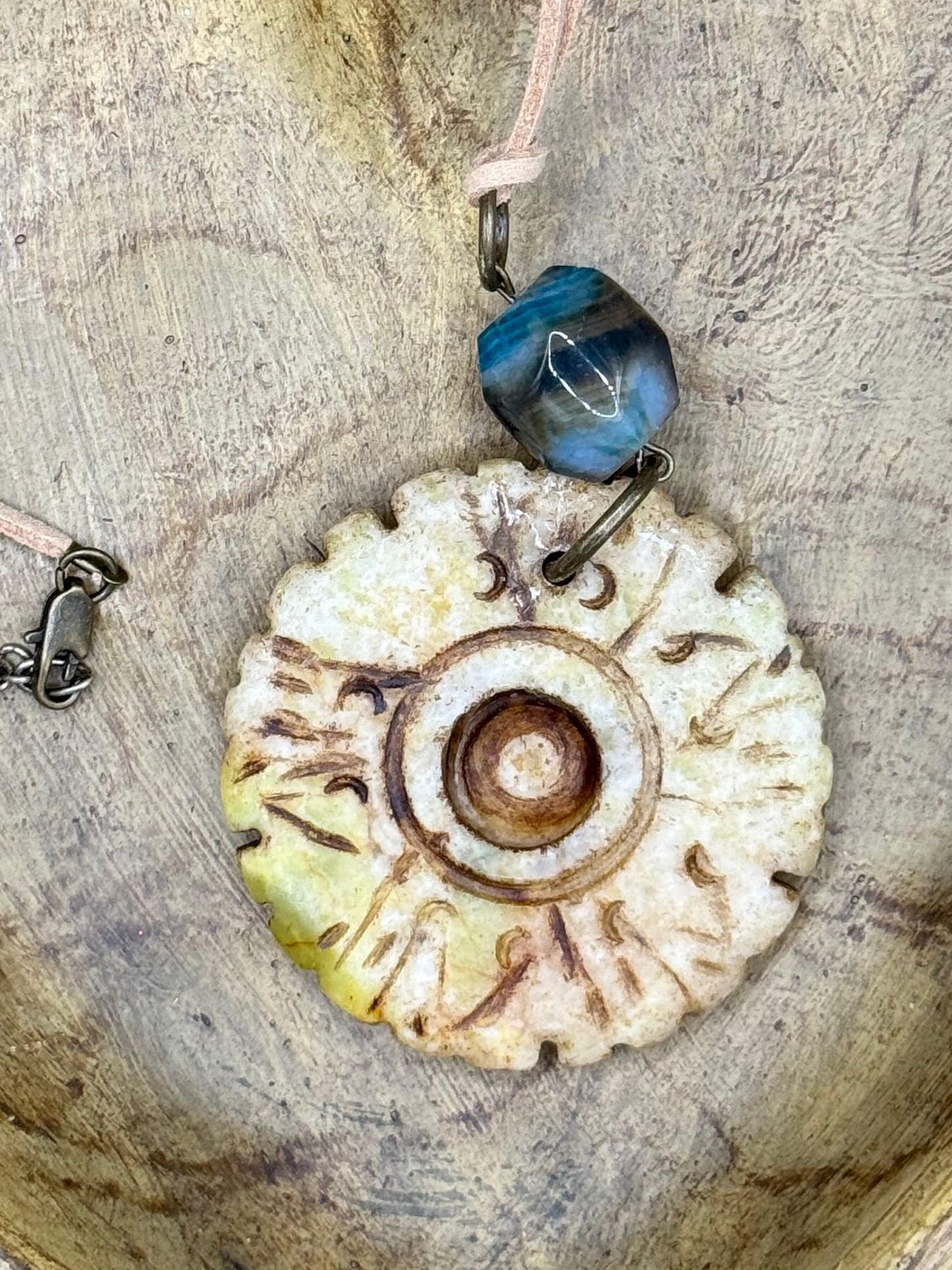 Handcrafted Bohemian Stone Pendant Necklace | Earthy Carved Disc & Agate Bead on Suede Cord