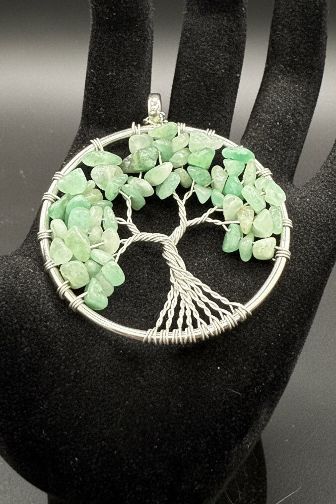 Wire Wrapped Green Aventurine Tree of Life Pendant Necklace • Silver Chain Boho Jewelry