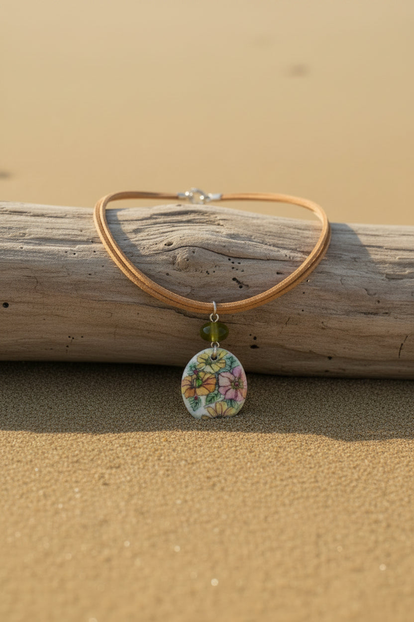 Handmade Floral Pendant Necklace, Artisan Illustrative Flower Pendant with Olive Green Gemstone Accent, Nature Inspired Cord Necklace, Whimsical Botanical Jewelry Gift for Her