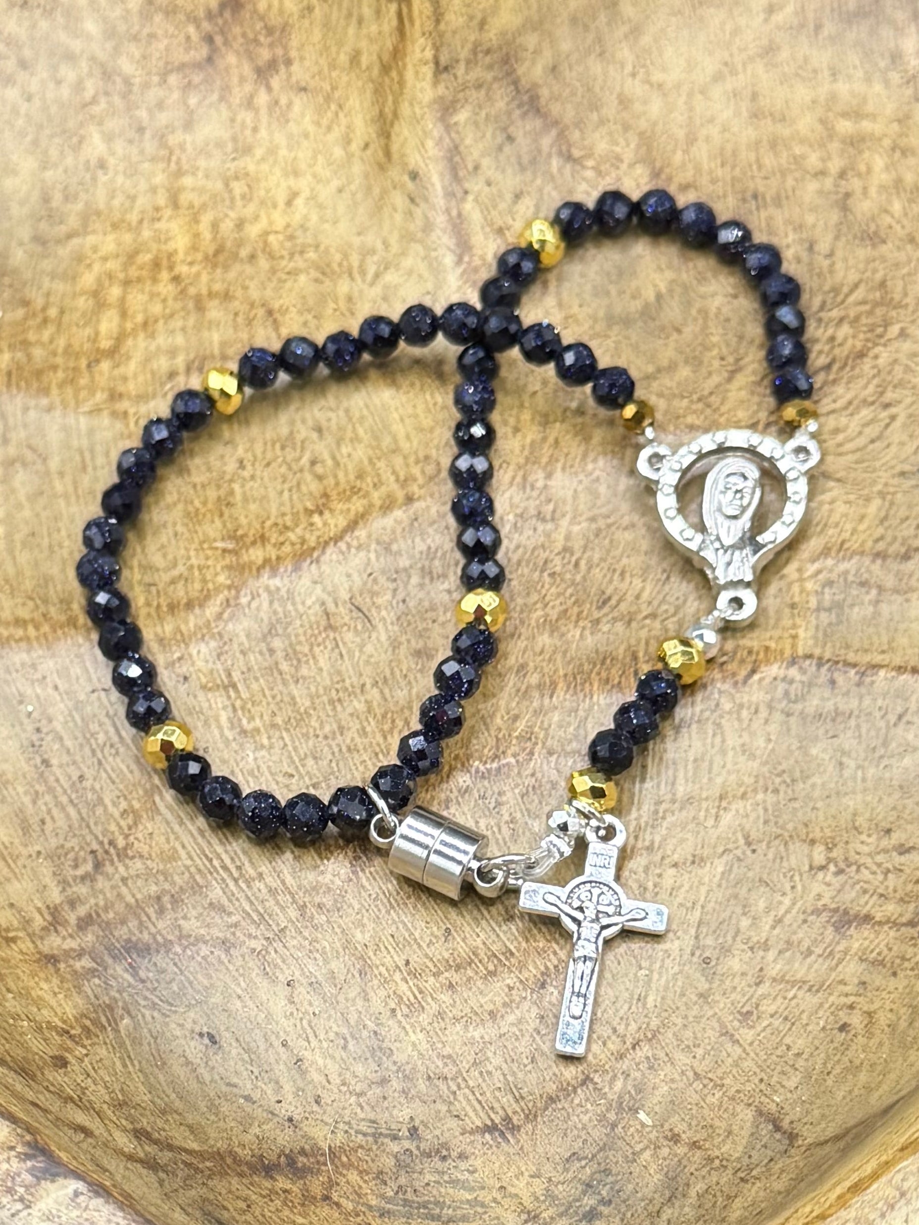 Gemstone Rosary Bracelet • Catholic Decade Prayer Bracelet • Mother Mary & Crucifix Charm - Magnetic Clasp