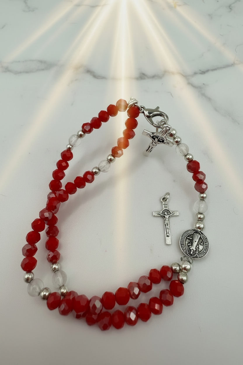 Red Crystal Rosary Bracelet – Miraculous Medal & Silver Crucifix | Handmade Catholic Gift