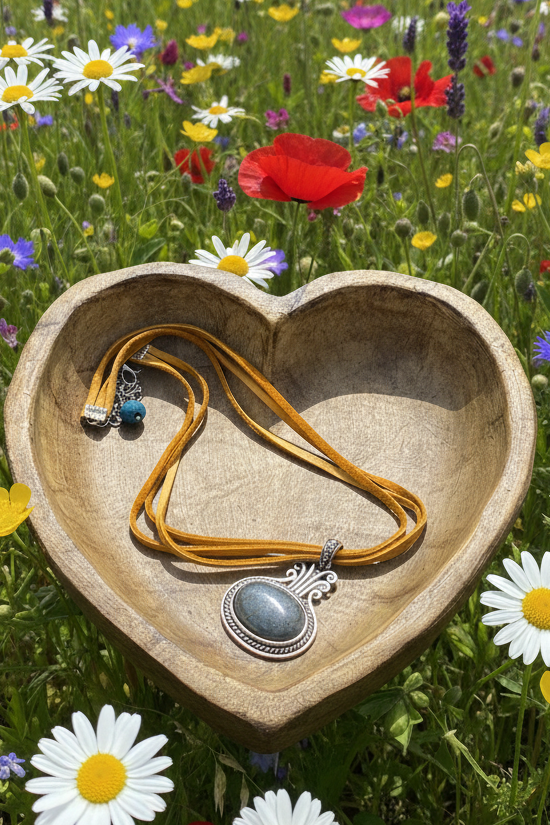 Boho Lapis Lazuli Oval Pendant Necklace, Ornate Silver Framed Blue Gemstone Charm, Double Strand Yellow-Ochre Suede Cord, Tribal Artisan Statement Jewelry