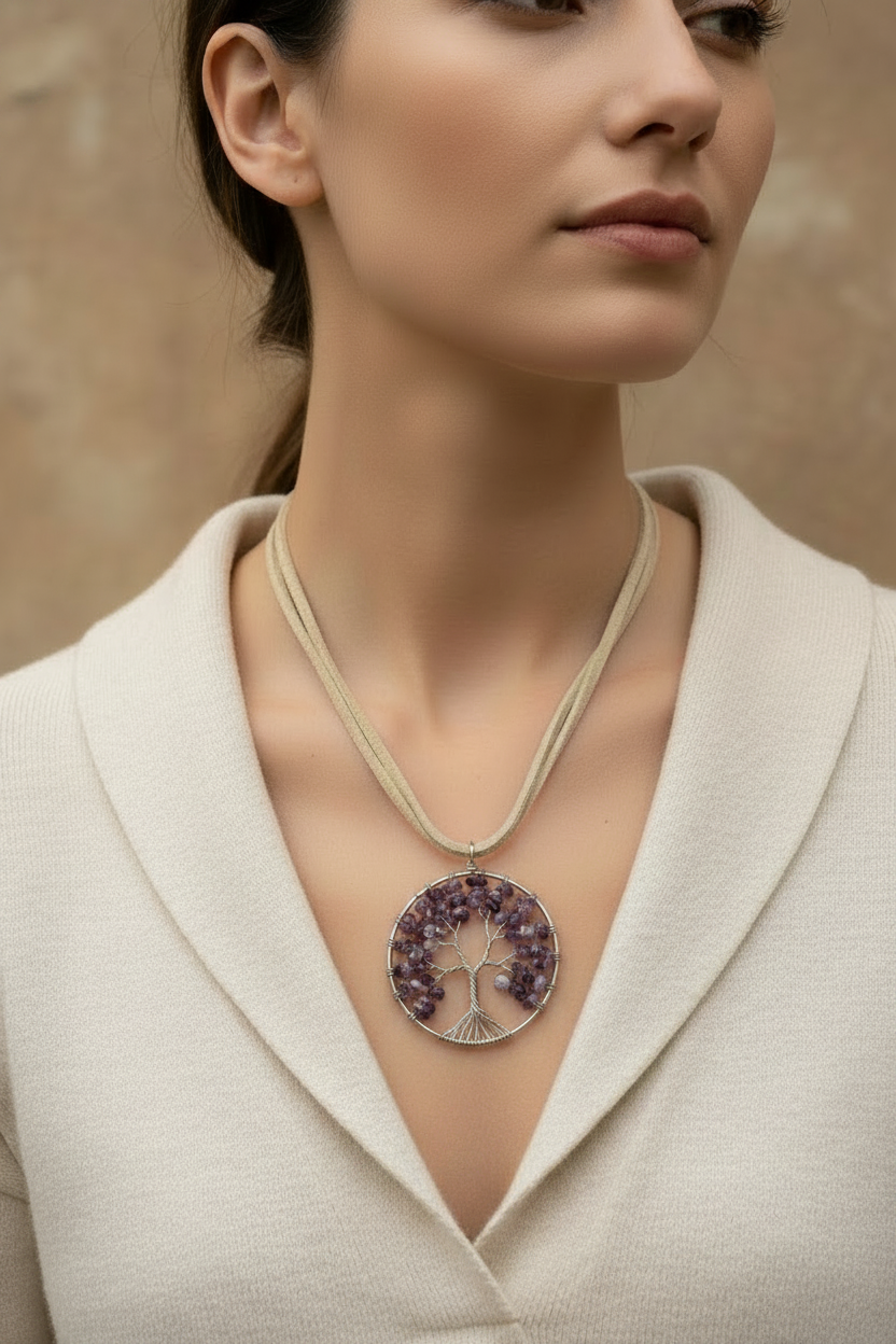 Boho Amethyst Tree of Life Wire Wrapped Pendant Necklace