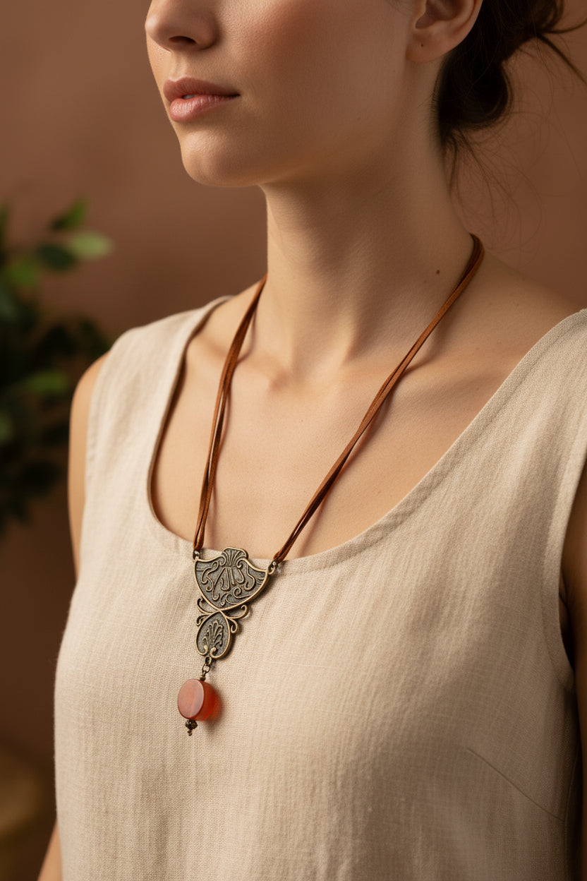An orange cord necklace with an antique bronze filigree pendant and a round terracotta bead, displayed on a black jewelry bust.