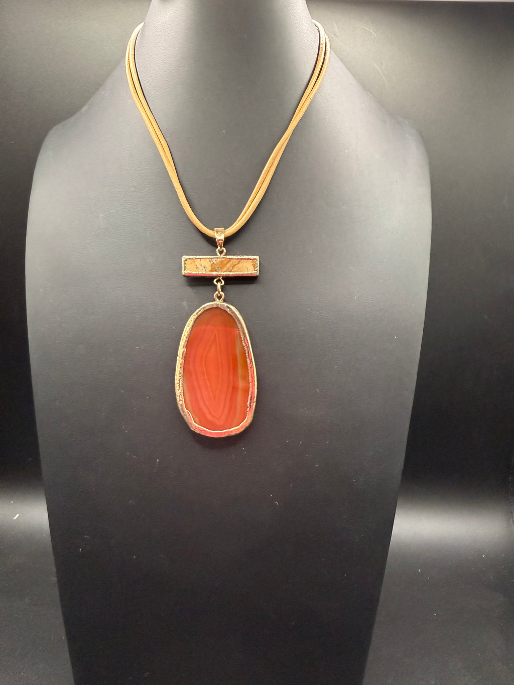 Boho Statement Agate Slice Necklace - Terracotta Orange Stone Pendant on Neutral Cord, Gold Trim, Gift for Her