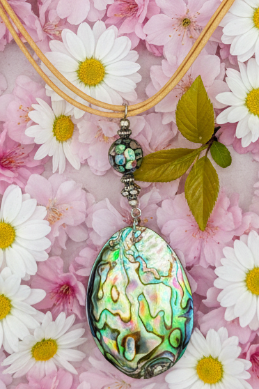 Natural Abalone Shell Pendant Necklace with Tan Leather Cord