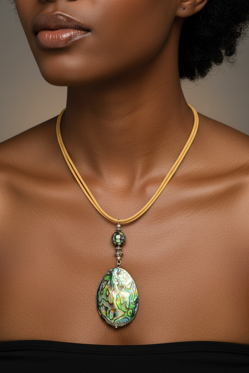 Natural Abalone Shell Pendant Necklace with Tan Leather Cord